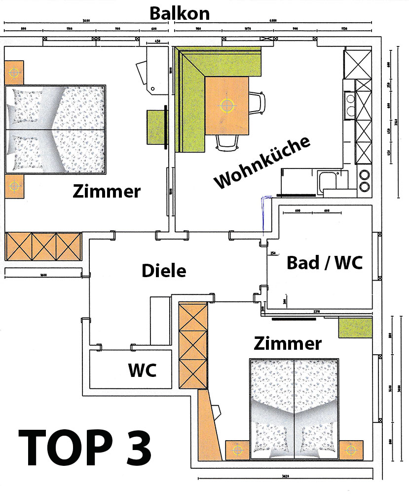 Grundrissplan Appartement TOP 3 für 4 Personen